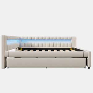 Sofá-cama 140x200 cm - Cama com LED, cama extra, USB + TYPE-C, linho - Bege
