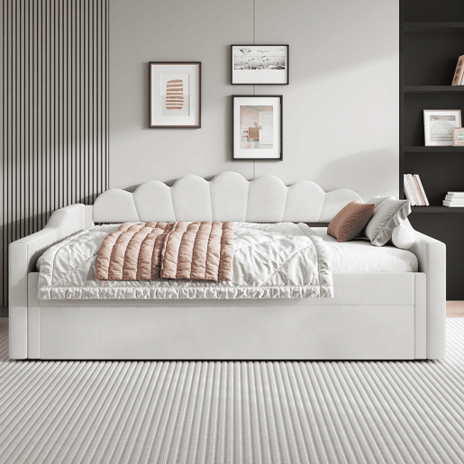 Cama estrado estofada 140x200 - faixa LED e cama extraível - bege
