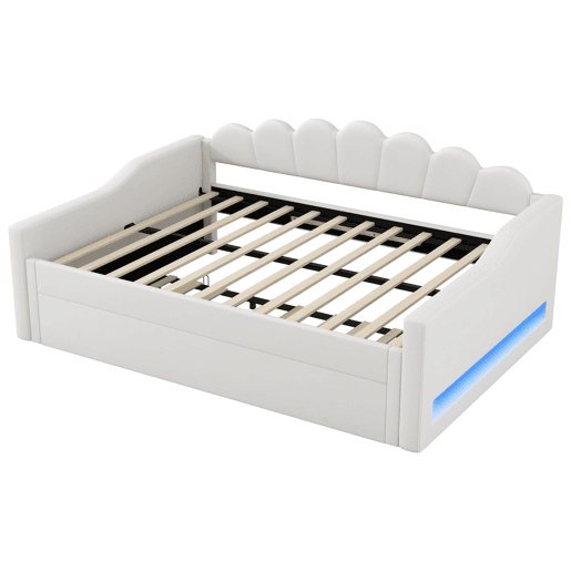 Cama estrado estofada 140x200 - faixa LED e cama extraível - bege