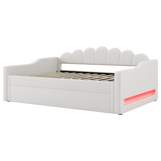 Cama estrado estofada 140x200 - faixa LED e cama extraível - bege