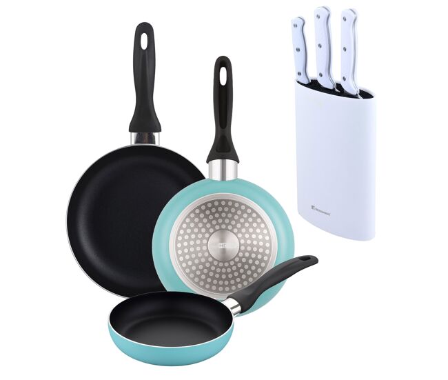 Well home set de 3 sartenes ø16ø20ø24cm de aluminio prensado en azul mate+set de 3 cuchillos con tacoma en acero inoxidable