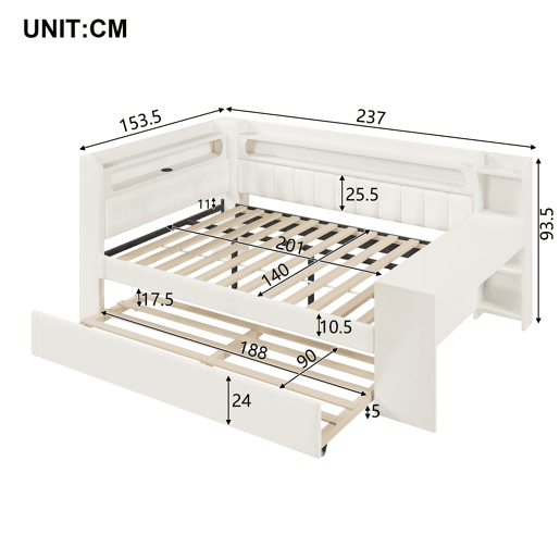 Cama nido estofada 140x200 - USB, LED, secretária - Branco