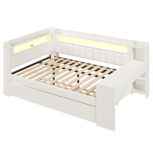 Cama nido estofada 140x200 - USB, LED, secretária - Branco