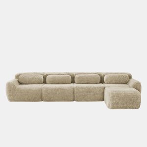 Sofá modular L 4 lugares - Chaise longue, veludo Premium, sem montagem, com almofadas - Cáqui claro