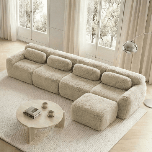 Sofá modular L 4 lugares - Chaise longue, veludo Premium, sem montagem, com almofadas - Cáqui claro