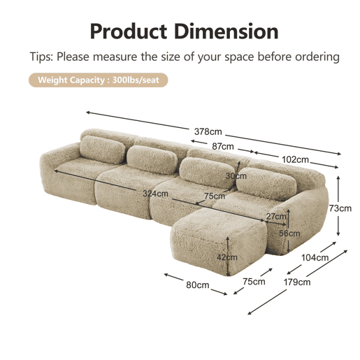 Sofá modular L 4 lugares - Chaise longue, veludo Premium, sem montagem, com almofadas - Cáqui claro
