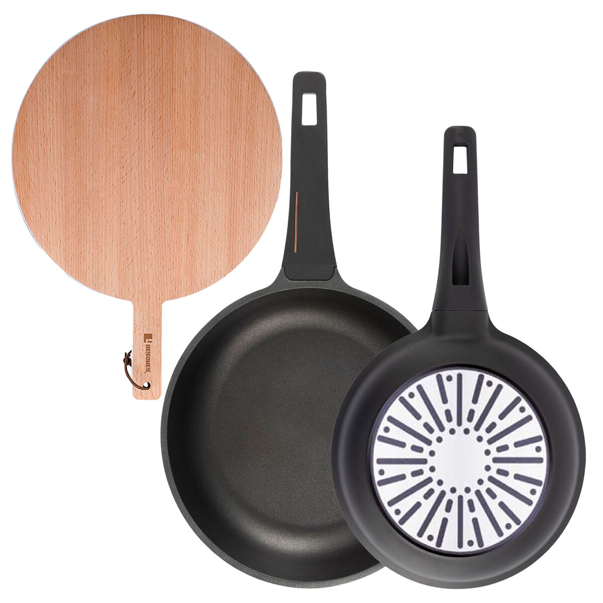 Bergner juego de 2 sartenes ø24ø28cm en aluminio fundido con mango de baquelita+tabla de corte redonda de 38x28x1,5cm en madera de haya