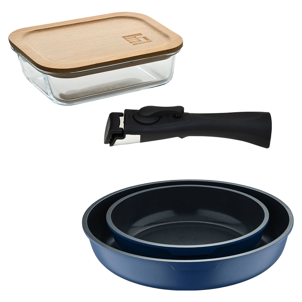 Bergner click&cook juego de 2 sartenes ø22ø26cm aluminio fundido azul con mango desmontable+hermético de 650ml en vidrio de borosilicato