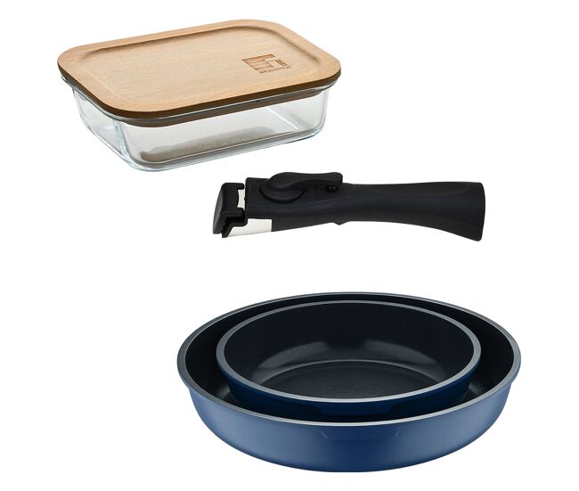 Bergner click&cook juego de 2 sartenes ø22ø26cm aluminio fundido azul con mango desmontable+hermético de 650ml en vidrio de borosilicato