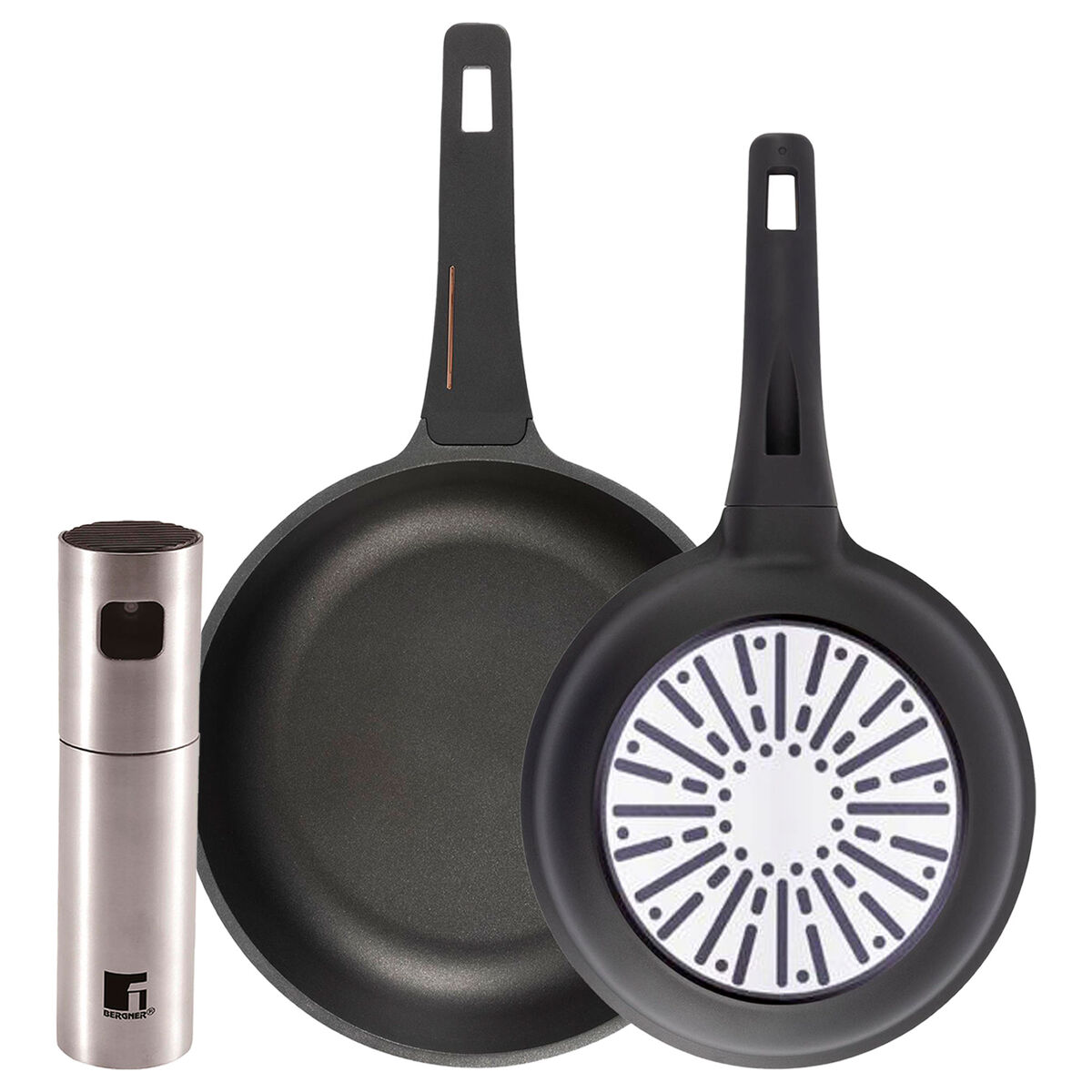 Bergner juego de 2 sartenes ø24ø28cm en aluminio fundido con mango de baquelita+pulverizador de aceite y vinagre ø4x17,5cm en acero inoxidable