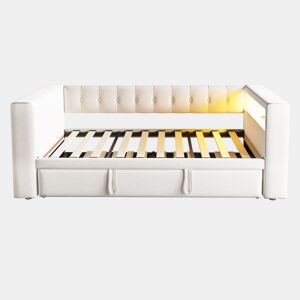 Cama estofada 90180×190 cm - LED, tomadas e arrumação - Bege