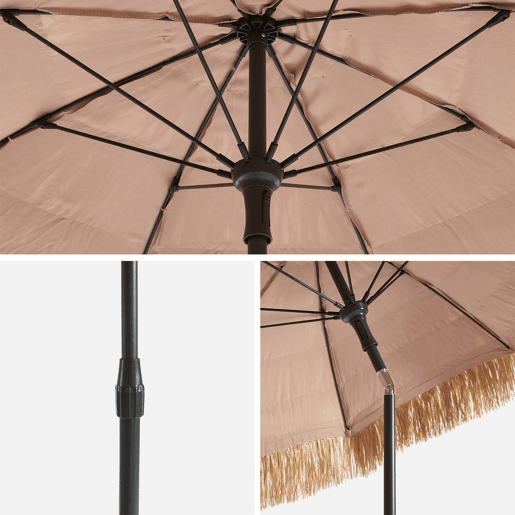 Guarda-sol redondo exótico em aço com efeito madeira e palha, Ø2m Natural - 200x190x230 cm