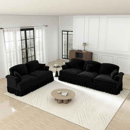 Sofá modular de 2 peças - 5 lugares, chenille, braços cónicos, saia removível, pernas torneadas - Preto