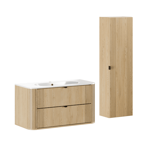 Conjunto móvel lavatório simples embutido 100 cm e coluna Mila Madeira