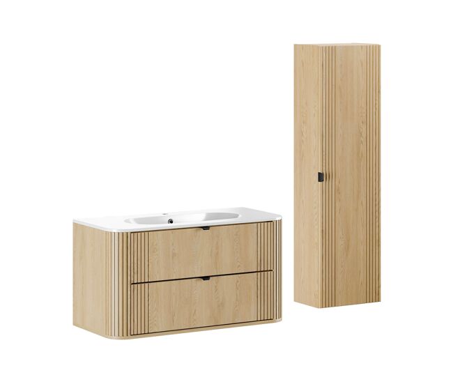 Conjunto mueble de lavabo individual encastrado 100 cm y columna mila madera