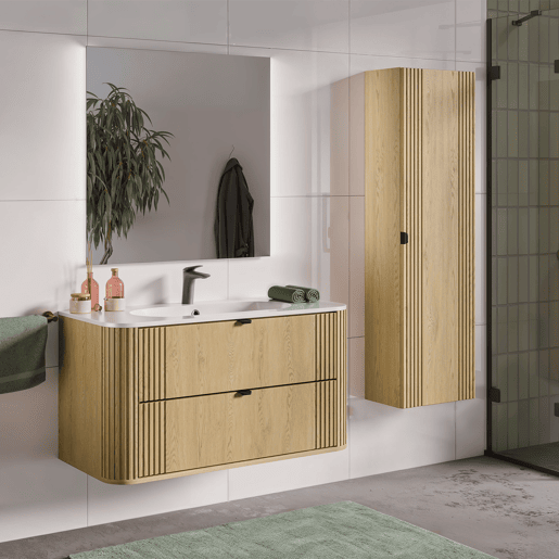Conjunto móvel lavatório simples embutido 100 cm e coluna Mila Madeira