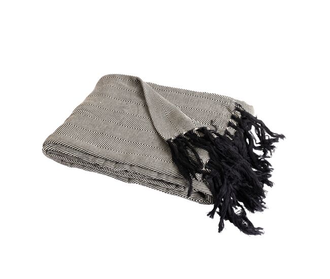Manta plaid 100% algodón negro con flecos 130x170cm zigora
