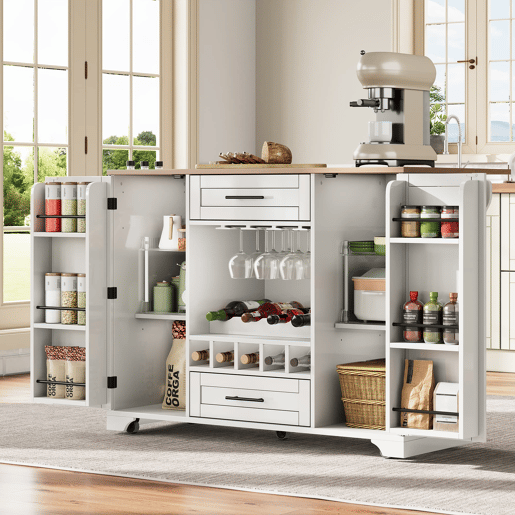 Carrinho de cozinha 120x4570x92 cm - com prateleira dobrável, vinoteca, suporte para copos, prateleira para especiarias e toalheiro - Branco+Natural