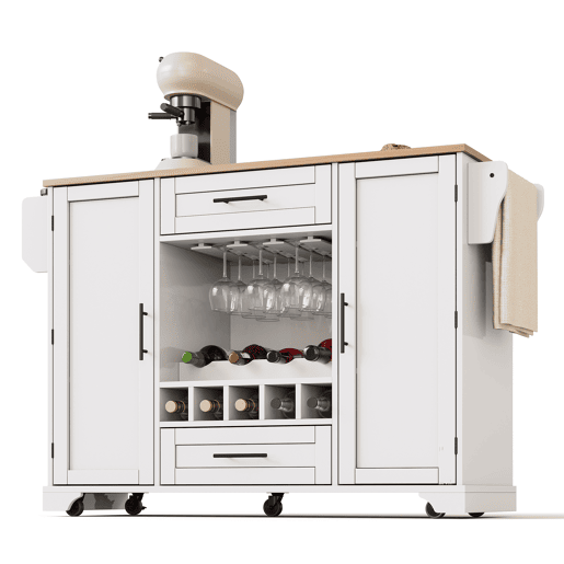 Carrinho de cozinha 120x4570x92 cm - com prateleira dobrável, vinoteca, suporte para copos, prateleira para especiarias e toalheiro - Branco+Natural