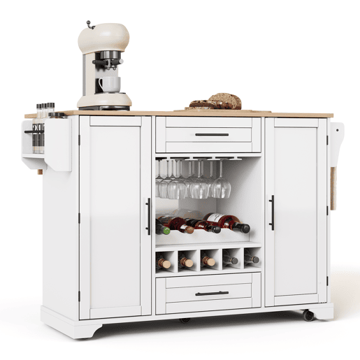 Carrinho de cozinha 120x4570x92 cm - com prateleira dobrável, vinoteca, suporte para copos, prateleira para especiarias e toalheiro - Branco+Natural