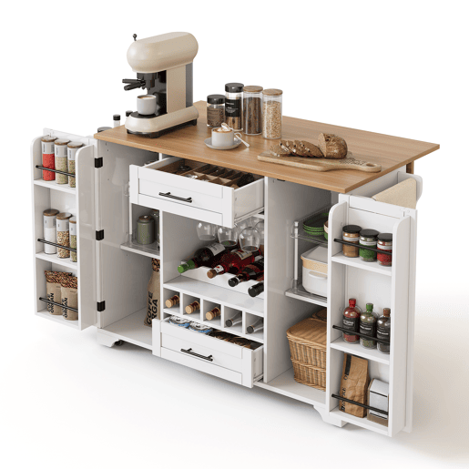 Carrinho de cozinha 120x4570x92 cm - com prateleira dobrável, vinoteca, suporte para copos, prateleira para especiarias e toalheiro - Branco+Natural