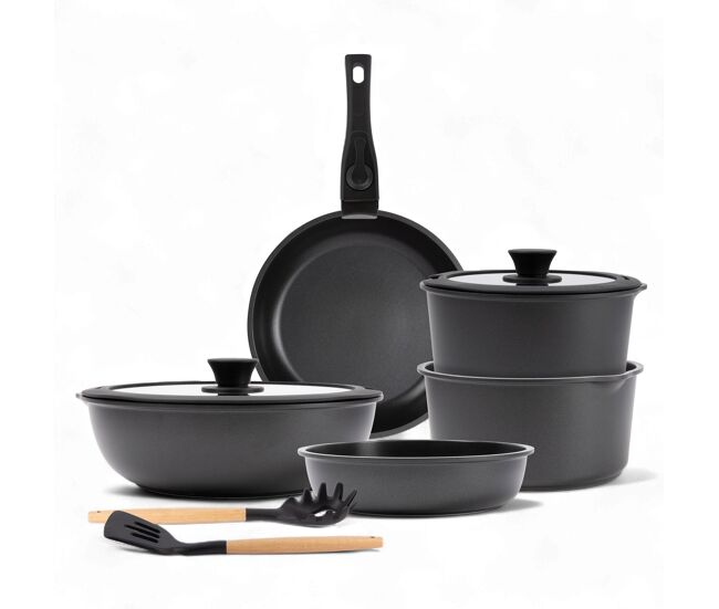 Bergner click&cook batería de cocina 10 pzs negro/mango extraíble, 3 sartenes, 2 cazos, tapas y utensilios/aluminio fundido