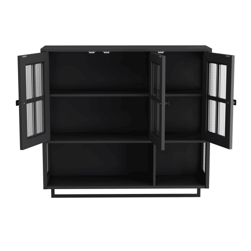 Armário de casa de banho 88 cm - 3 portas, arrumação aberta e oculta, porta de vidro, barra para toalhas - Preto