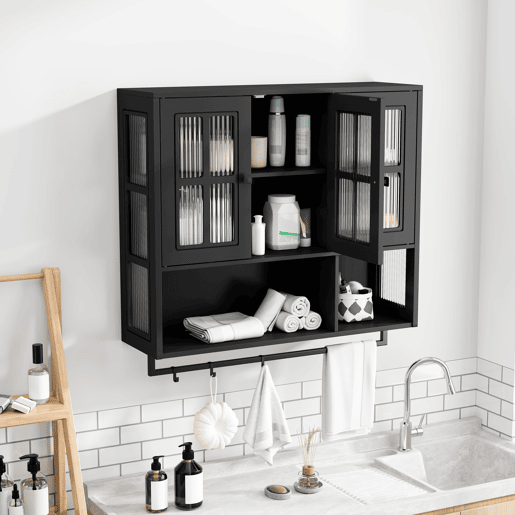 Armário de casa de banho 88 cm - 3 portas, arrumação aberta e oculta, porta de vidro, barra para toalhas - Preto