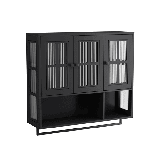 Armário de casa de banho 88 cm - 3 portas, arrumação aberta e oculta, porta de vidro, barra para toalhas - Preto