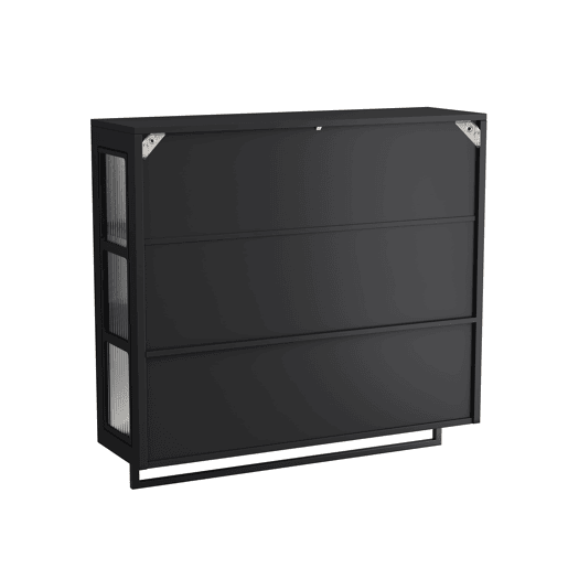 Armário de casa de banho 88 cm - 3 portas, arrumação aberta e oculta, porta de vidro, barra para toalhas - Preto