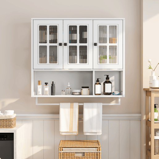 Armário de parede para casa de banho - 3 portas com arrumação aberta e fechada, porta de vidro e barra para toalhas - Branco