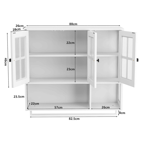 Armário de parede para casa de banho - 3 portas com arrumação aberta e fechada, porta de vidro e barra para toalhas - Branco