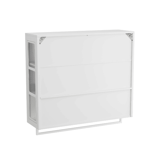 Armário de parede para casa de banho - 3 portas com arrumação aberta e fechada, porta de vidro e barra para toalhas - Branco