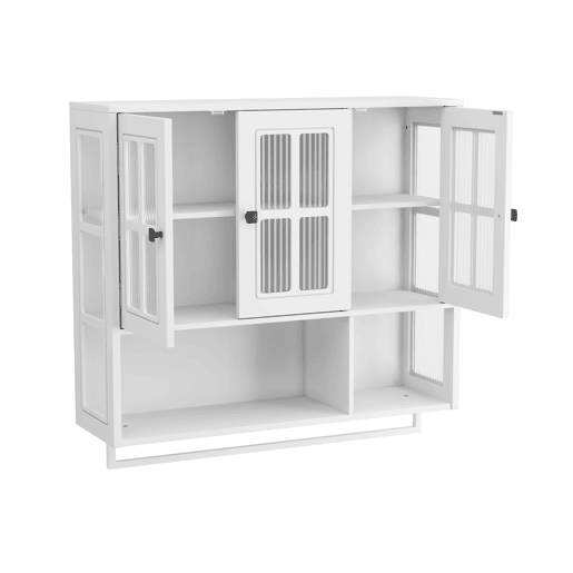 Armário de parede para casa de banho - 3 portas com arrumação aberta e fechada, porta de vidro e barra para toalhas - Branco