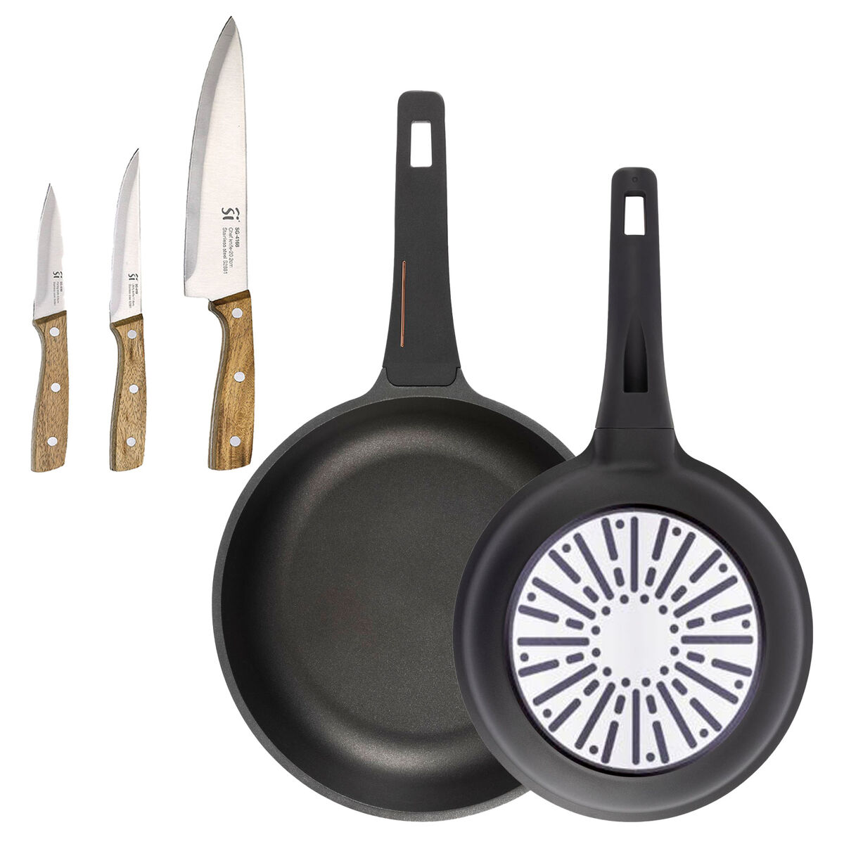 bergner juego de 2 sartenes o24o28cm en aluminio fundido con mango de baquelitaset de 3 cuchillos de acero inoxidable para cocina