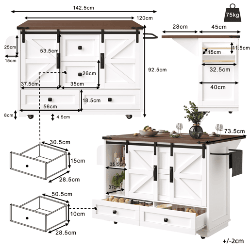 Carrinho de cozinha multifuncional - com mesa rebatível, 3 gavetas e 2 portas - Branco