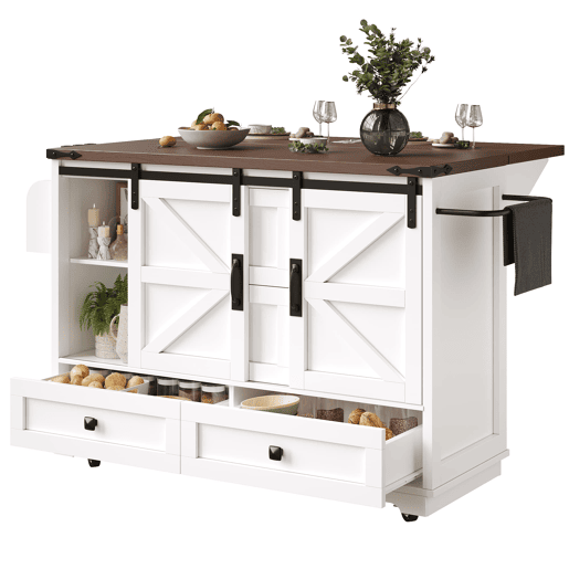 Carrinho de cozinha multifuncional - com mesa rebatível, 3 gavetas e 2 portas - Branco