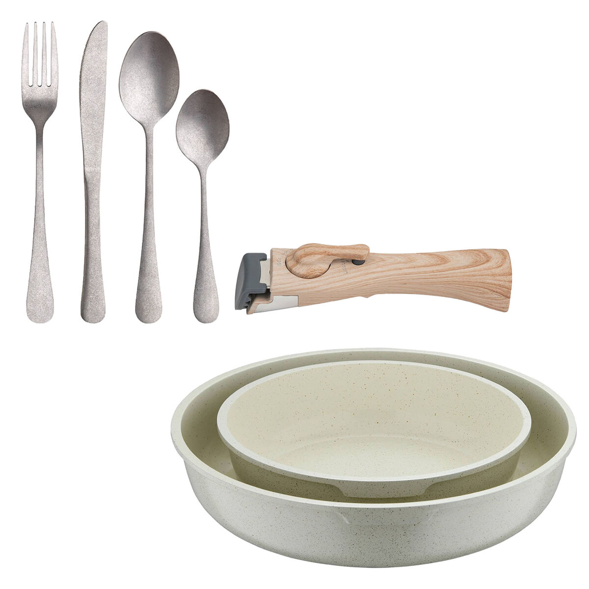 Bergner click&cook juego de 2 sartenes ø22ø26cm aluminio fundido blanco con mango desmontable+set de 16 cubiertos en acero inoxidable