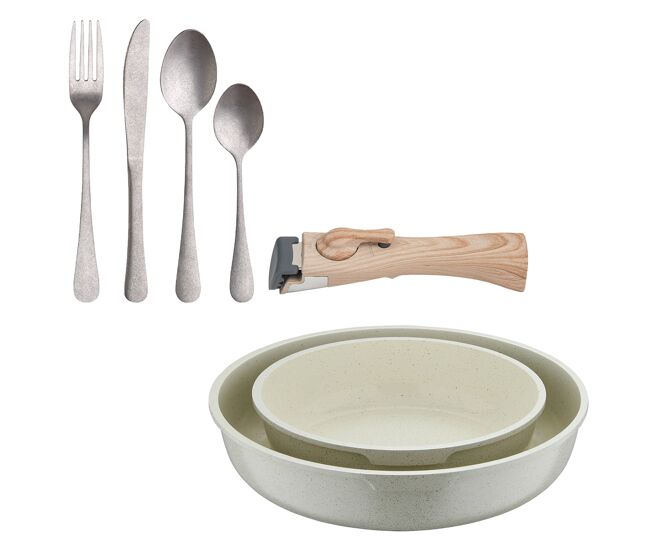 Bergner click&cook juego de 2 sartenes ø22ø26cm aluminio fundido blanco con mango desmontable+set de 16 cubiertos en acero inoxidable