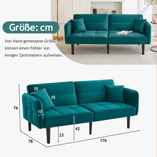 Sofá de 2 lugares - 2 em 1, encosto reclinável, braços rebatíveis, ideal para espaços pequenos - Antique Blue Green
