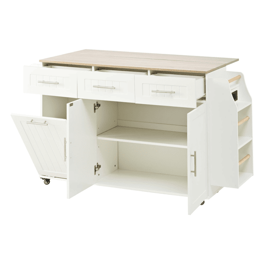 Ilha de cozinha móvel 135x40 cm - Extensível, com tabuleiro e espaço para lixo, rodas, tomadas - Branco