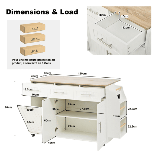 Ilha de cozinha móvel 135x40 cm - Extensível, com tabuleiro e espaço para lixo, rodas, tomadas - Branco