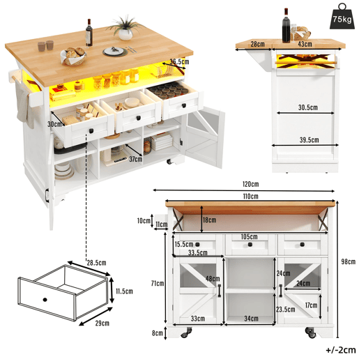 Carrinho de cozinha multifuncional 120x60x90cm - LED, mesa dobrável, 3 gavetas, 2 portas - Branco