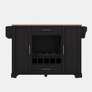 Carrinho de cozinha 120x4570x92 cm - Com prateleira para vinho, suporte para copos, porta-temperos e toalheiro - Preto e Natural