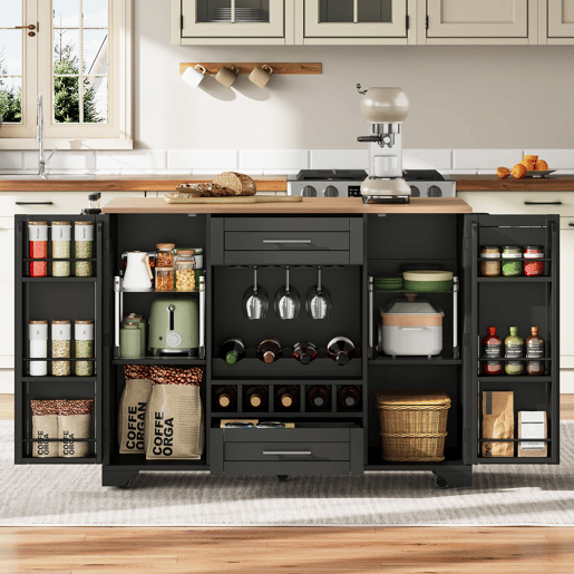 Carrinho de cozinha 120x4570x92 cm - Com prateleira para vinho, suporte para copos, porta-temperos e toalheiro - Preto e Natural