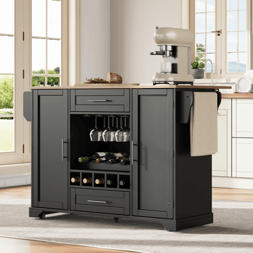Carrinho de cozinha 120x4570x92 cm - Com prateleira para vinho, suporte para copos, porta-temperos e toalheiro - Preto e Natural