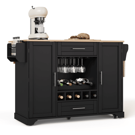 Carrinho de cozinha 120x4570x92 cm - Com prateleira para vinho, suporte para copos, porta-temperos e toalheiro - Preto e Natural