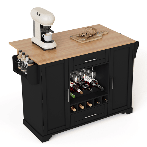 Carrinho de cozinha 120x4570x92 cm - Com prateleira para vinho, suporte para copos, porta-temperos e toalheiro - Preto e Natural