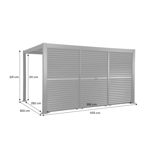 Pérgola bioclimática de alumínio e aço 3x4m + 3 persianas de 130cm com lâminas orientáveis Antracite - 392x292x232 cm