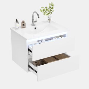 Móvel de casa de banho suspenso 61x46x45 cm - Sensor LED, 2 gavetas, lavatório integrado - Branco